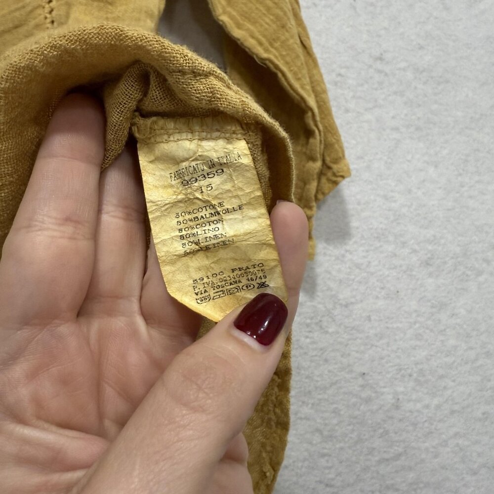 Made in Italy Linen Cotton Peasant Blouse Womens Large Mustard Tie Tassel Boho - Picture 6 of 9
